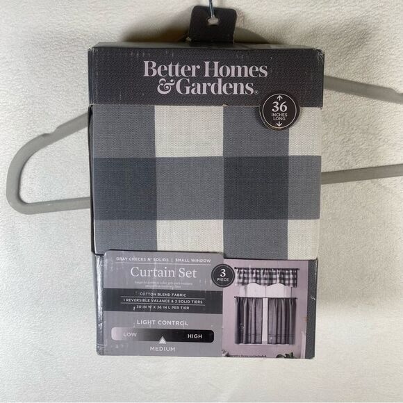 Better Homes & Gardens Gray Checkered 3 Piece Curtain Set New W/Tags - Picture 1 of 8